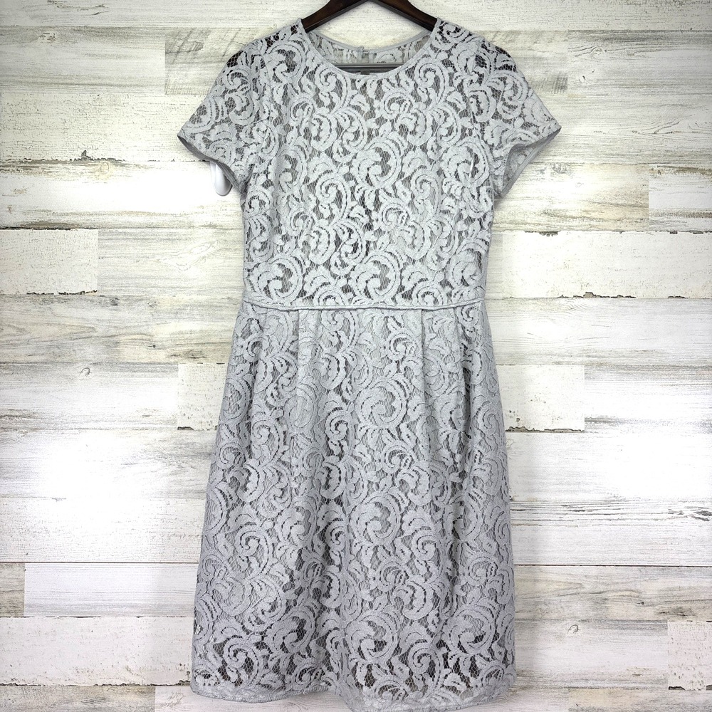 J Crew Alisa Light Gray Leavers Lace Overlay‎ Short Sleeve Fit & Flare Dress 10